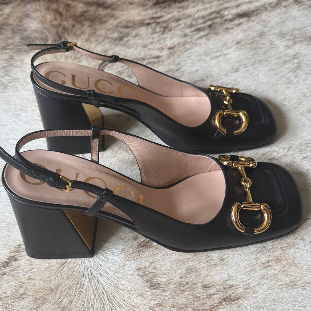 Gucci 37 7 Black Leather Gold Horsebit Mark Jane Pumps Heels Slingback with Box - Picture 3 of 16